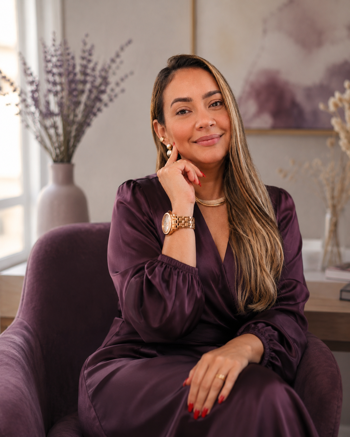 Valéria Deca em sessão de consultoria estratégica, sentada em poltrona com expressão acolhedora